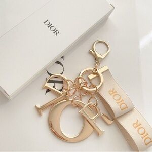 Dior Gold & Cream Ribbon Bag Charm / Key Ring / Key Chain Gift NIB